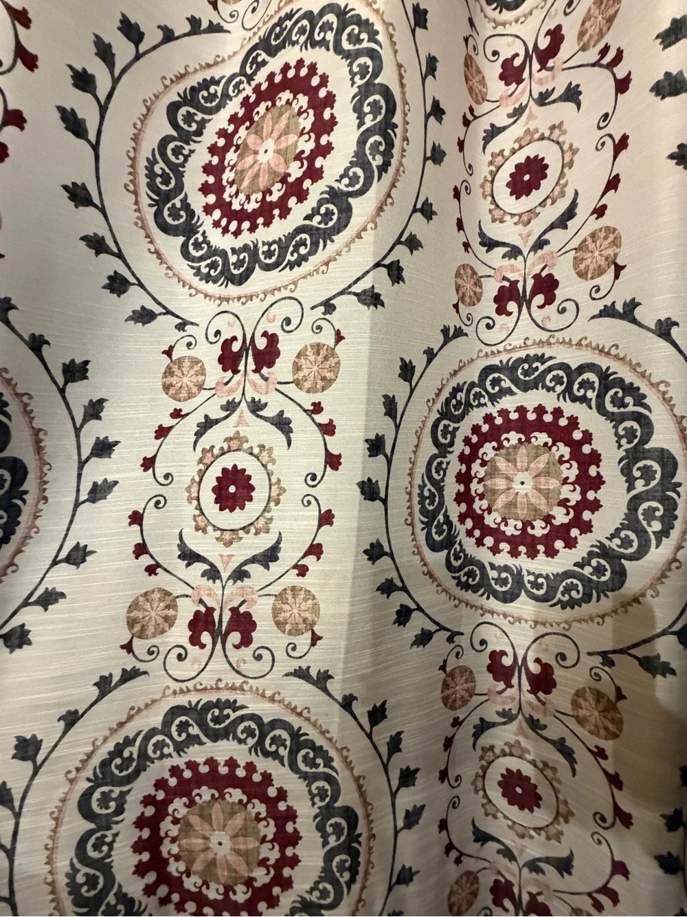 The Big One Beige Medallion Grommet Curtain Panel with Red and Gray Accents